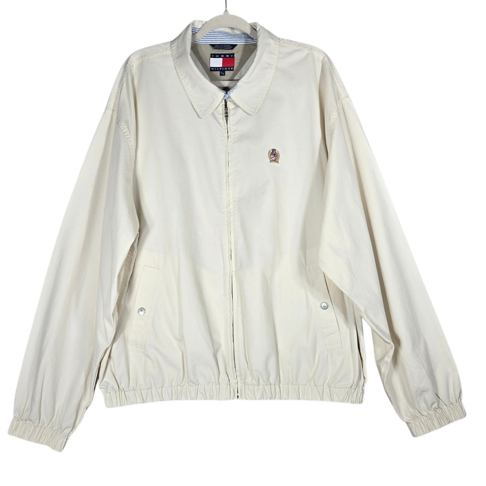 Tommy Hilfiger VTG 90s Jacket Mens XL Natural Crest Logo Full Zip Cotton Bomber